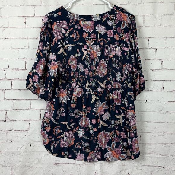 Knox Rose Blouse Shirt Top Womens Floral Button Up Rayon Large Navy Blue Pink - Picture 9 of 10